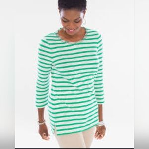 Chico's 2 (Large, 14) Jewel Embellished Neckline Top Green & White Stripes
